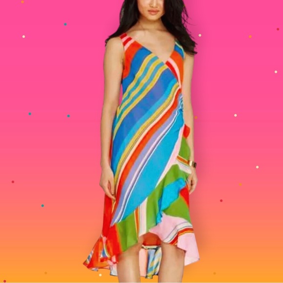 NWOT LAUREN Ralph Lauren Multi-Color Stripe Chiffon Wrap Style Summer Dress 12 - Picture 1 of 15